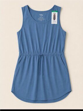 Tilley Travel Dress Woman XL Blue Sleeveless Drawstring Pocket Stretch Comfy NEW